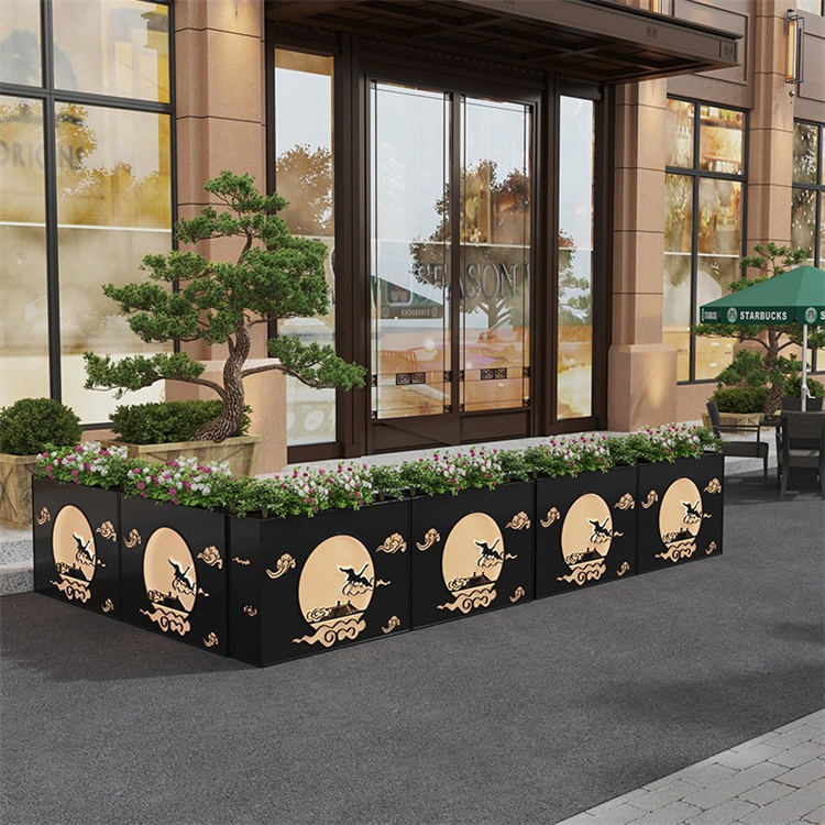 Large outdoor rectangular metal planter boxes with led light
