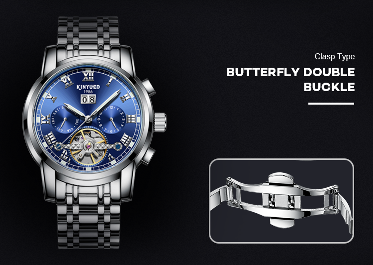 KINYUED tourbillon mechanical watch men oem waterproof stainless steel back automatic wristwatch