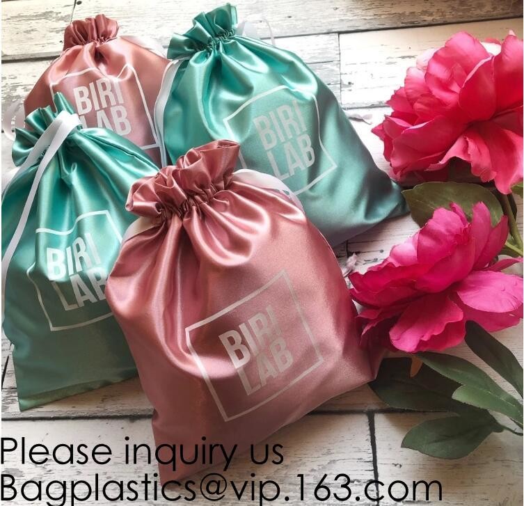 Rose Gold Printing White and Gold Silk Packaging Bags For Clothing Industry,Pink Silk and Velvet Drawstring Bag With Ros