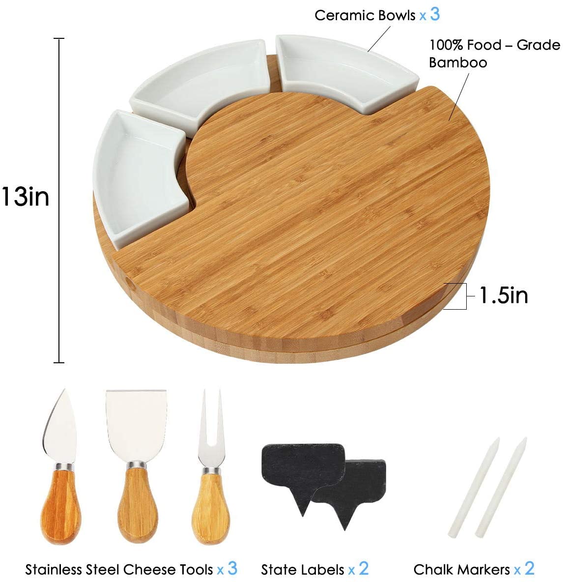 Natural Removable Snack Ceramic Server Bowls with Round Bamboo Cheese Board 33X33X5CM