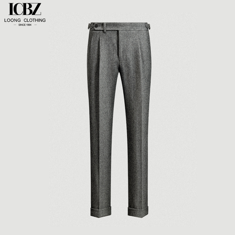 Customizable Logo Men's Gray Tweed Herringbone Wool Trousers for Business and Casual Wear