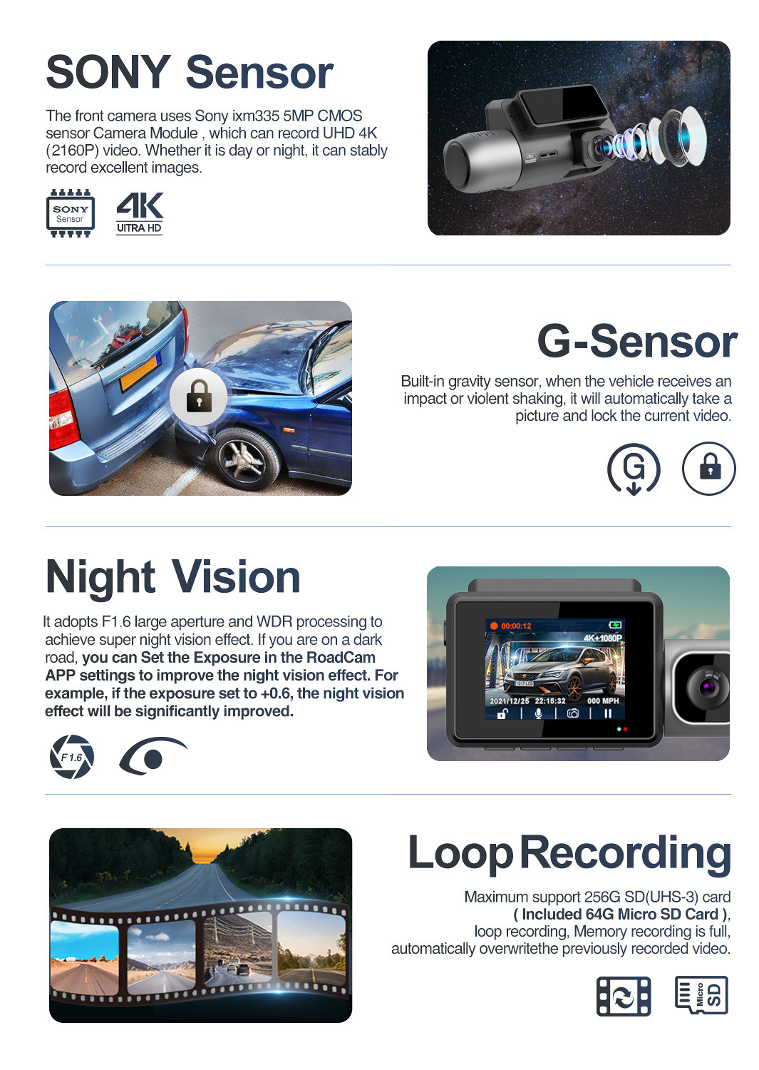 3 Lens Front Rear GPS Android Car DVR Camera Wifi Mirror 128GB 4k ODM