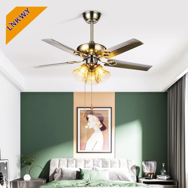 Linkway Classic US Design Air Cooling Ceiling Fan Light Chrome Nickel Metal Blade Remote Control Electric Power Source for Household Hotel Use