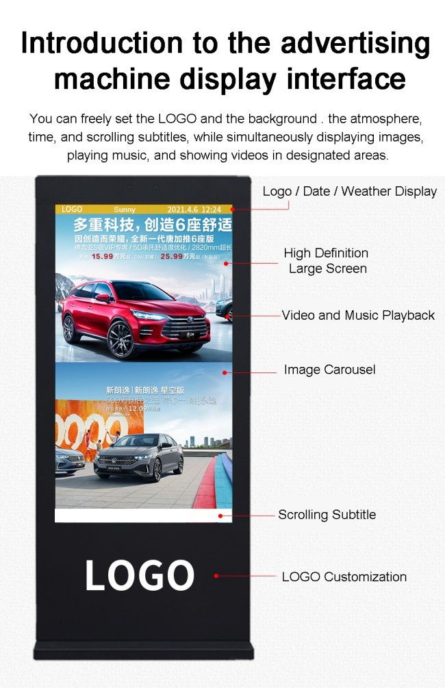 75 inch Full Screen Floor Standing Advertising Display Standing player with 4K Ultra HD Resolution and Aluminum Alloy Frame
