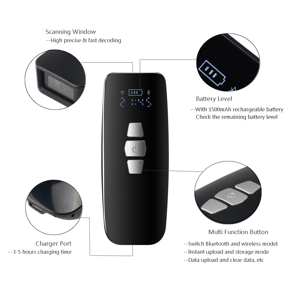 Small 2d Wireless Bluetooth Barcode Scanner Reader Portable 640x480 Cmos