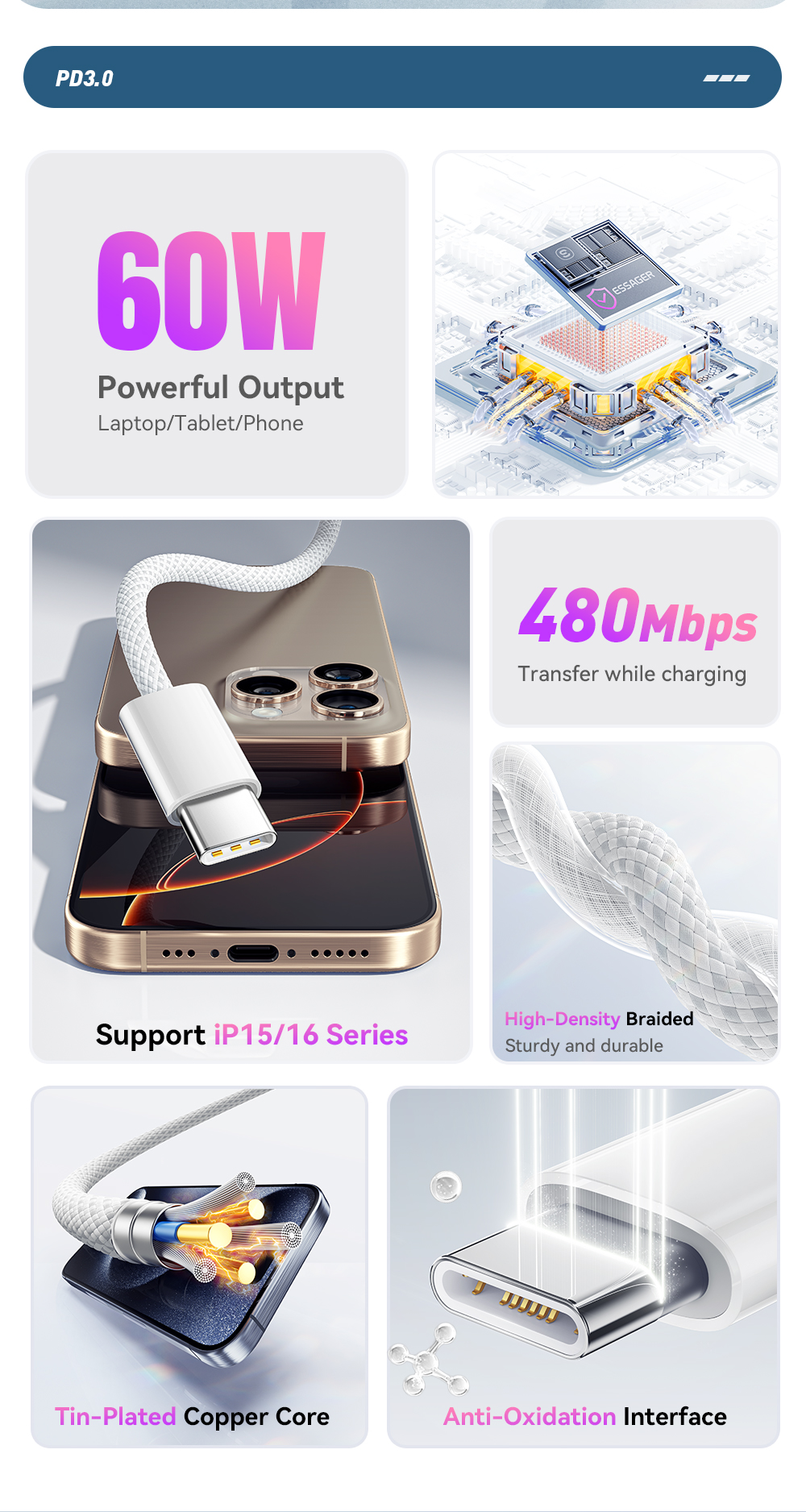 ESSAGER ES-X52 Series PD3.0 USB C To C Cable 60W 3A With TPE Jacket