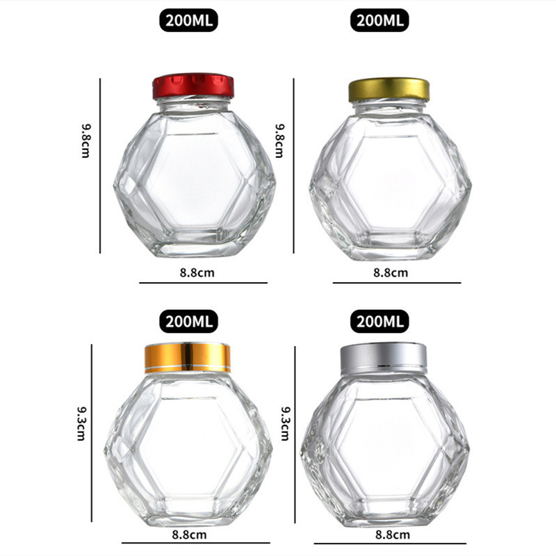 200ML 380ML Glass Hexagon Honey Bottle With Golden Silver Red Black Metal Lid