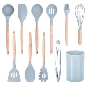 Wholesale Wooden Handle,Heat Resistant Silicone Kitchen Utensils Set 11 Pcs Gray from china suppliers