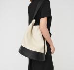 Stitching Linen Shoulder Bag 29cm 34cm Yellow Leather Bucket Bag