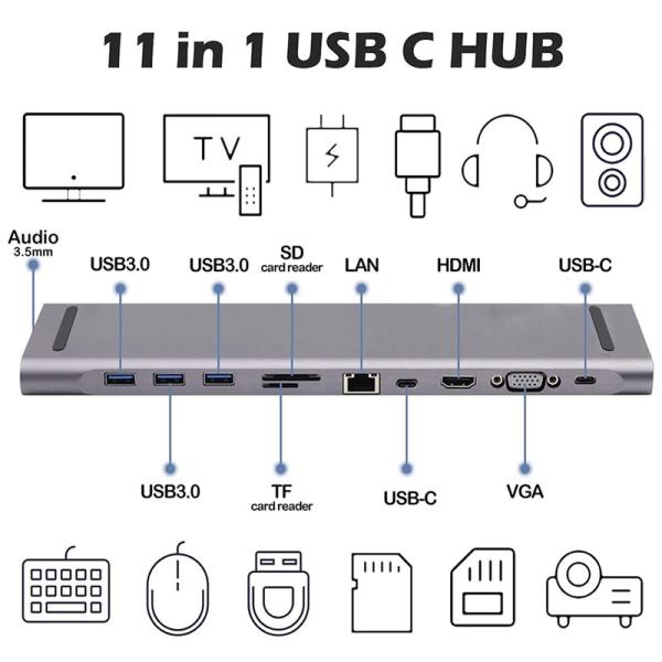 11 In 1 USB C Type C Docking Station with VGA Ethernet 3.5MM Audio TF/SD Card Reader