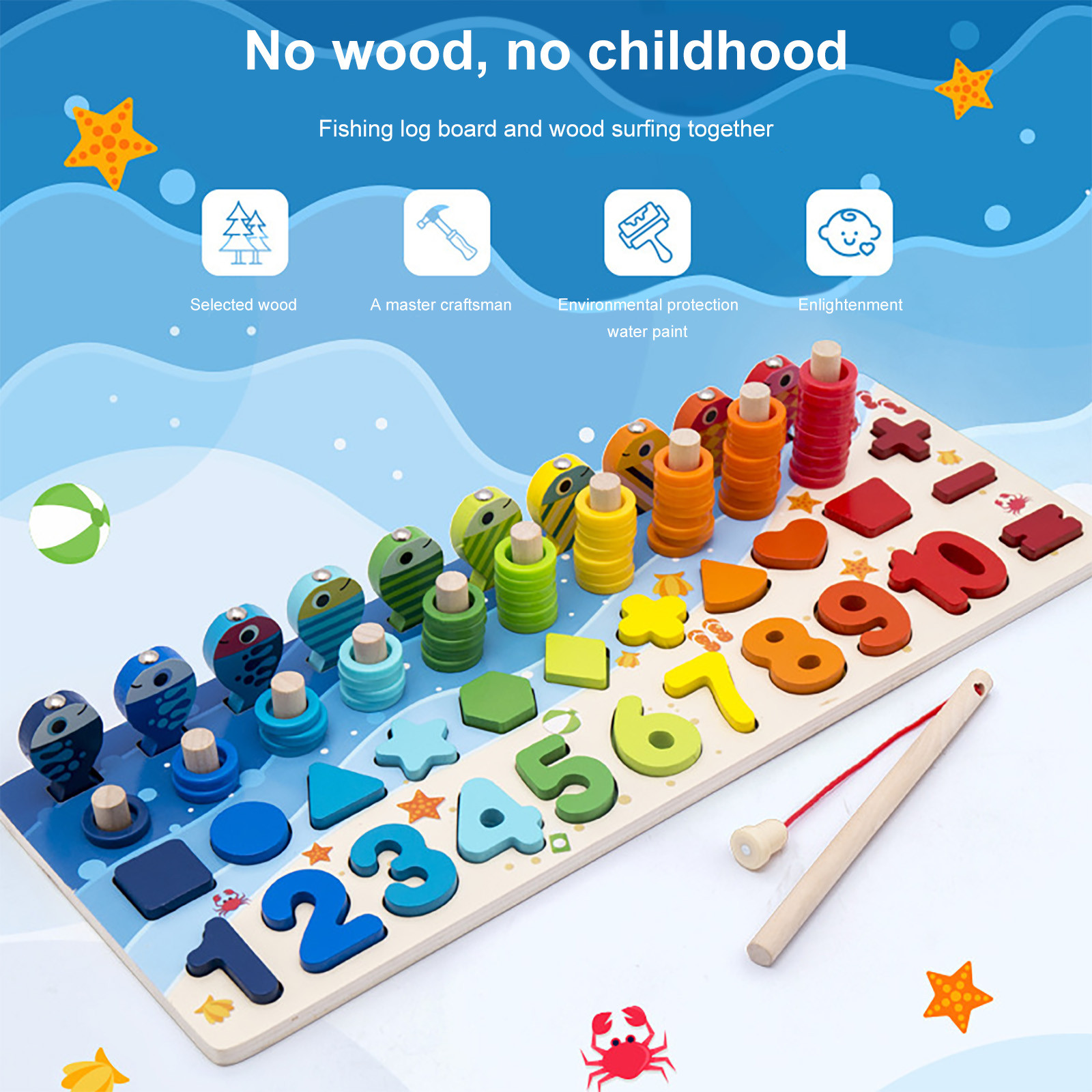 Math Fishing Educational Wooden Montessori Baby Toys 15cm