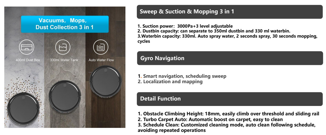 Lidar Slam Floor Sweeping Robot Vacuum With Mop 3000pa Self Empty