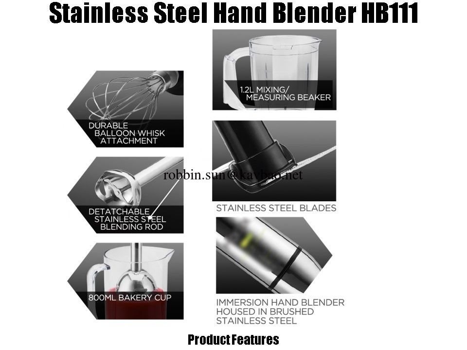 HB111 Stainless Steel Stick Blender With Chooper and Processing Bowl