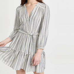 Ladies Long Sleeve Casual Ruffle V Neck Striped Viscose Mini Dress for Women