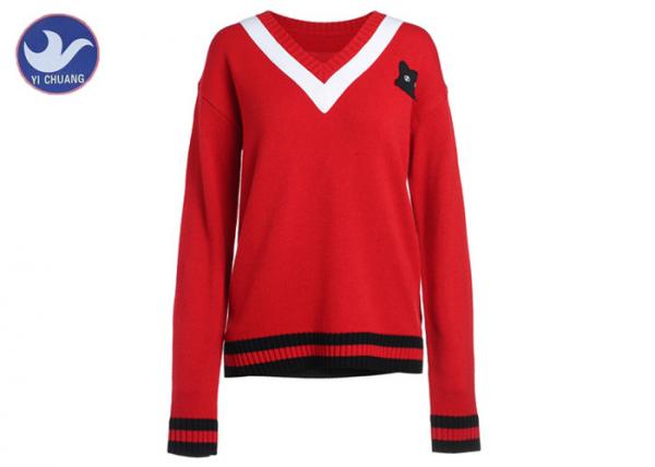 Quality Stripes V Neck Womens Knit Pullover Sweater Preppy Style Cat Patch Shool Uniform Young Girl for sale