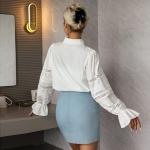 Longn Sleeved High Neck Flared Blouse Chic White High Waisted Lace Tops With