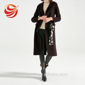 Wholesale Wool Long Women's Casual Winter Coats Dark Brown Color With Printed Belt from china suppliers
