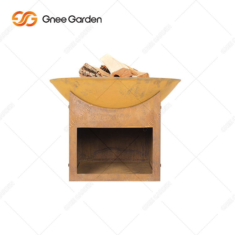 3mm Round Outdoor Garden Wood Burning Corten Steel Fire Pit With Wood Storage With Various Sizes