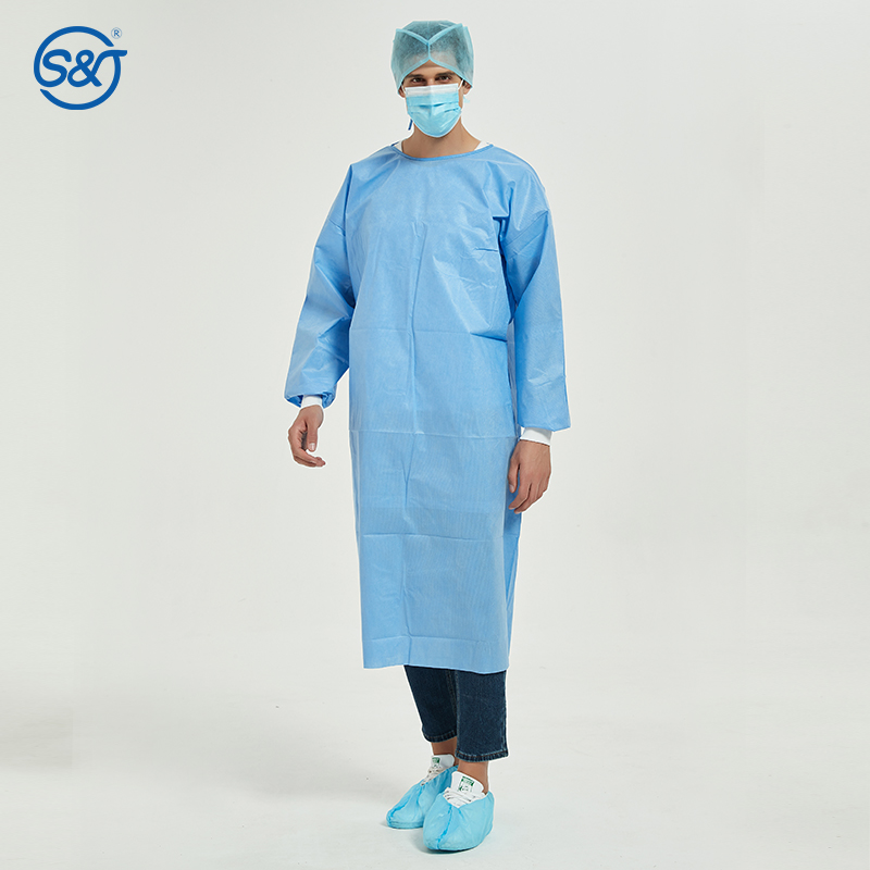S&J Disposable Nonwoven SMS Surgical Gown Isolation Gown 3-Layer Laminated Lace Tied on Back One Piece EN 13795-1 Standard