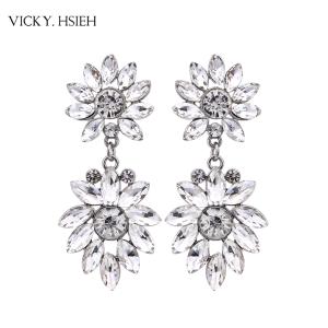 Wholesale VICKY.HSIEH Rhodium Tone Wedding Bridal Crystal Rhinestone Flower Drop Earrings from china suppliers