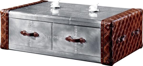 Vintage Retro Side Coffee Table Genuine Leather Aluminium Sheet Drawer Plywood