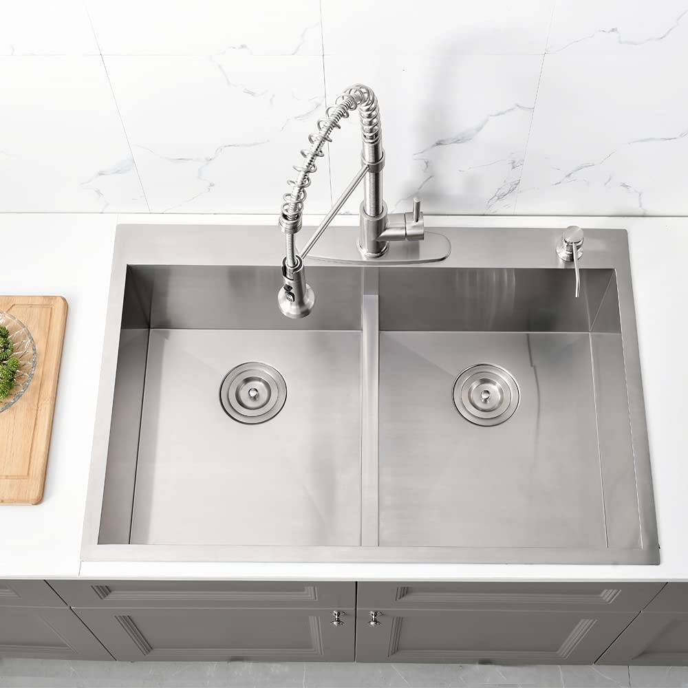 33X22 Inch 2 Bowl Top Mount Stainless Steel Kitchen Sink PVD Brushed Surface