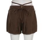 Oem Apparel Manufacturers Women'S Brown Lace Up Denim Culottes Slim Wide Leg