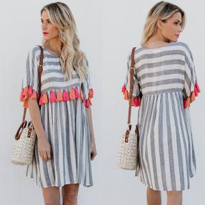 Wholesale Women Casual Striped Dresses With Color Tassel from china suppliers