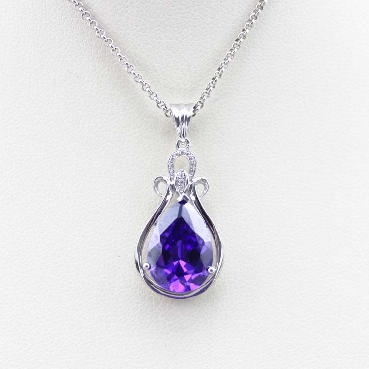 Women 925 Silver Jewelry 10mmx14mm Purple Cubic Zircon Pendant Necklace (PSJ0394)