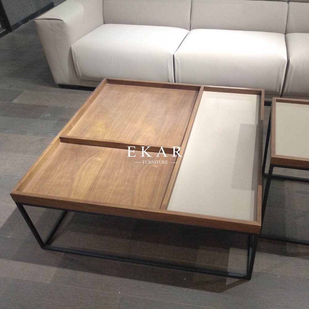 Living Room Square Shaped Metal Frame Wooden Modern Coffee Table