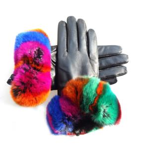 Wholesale Beautiful Design Colored Leather Gloves , Rabbit Fur Gloves Black Color from china suppliers