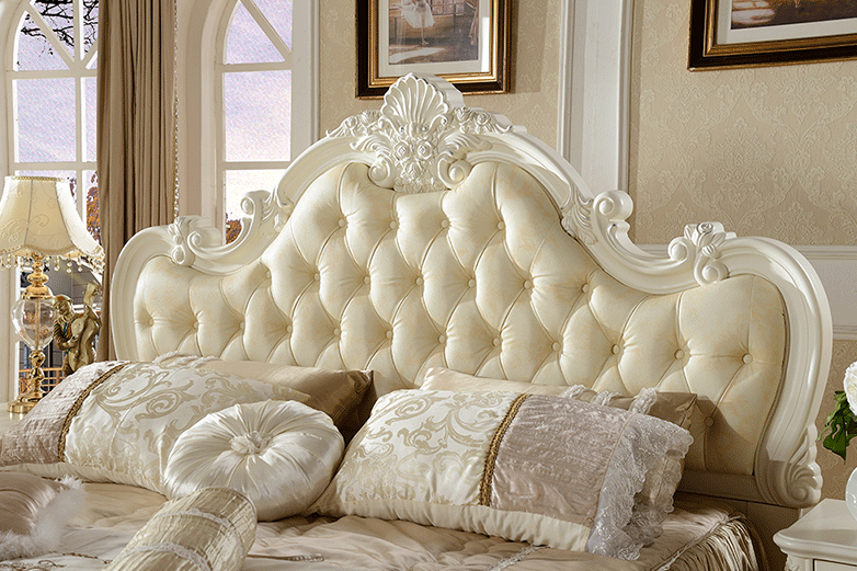 Bedroom Furniture Antique French Style King Size White Leather Wooden Bed