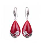 Sterling Silver Red Agate Dangle Earrings Thai Vintage Jewelry (E12037RED)