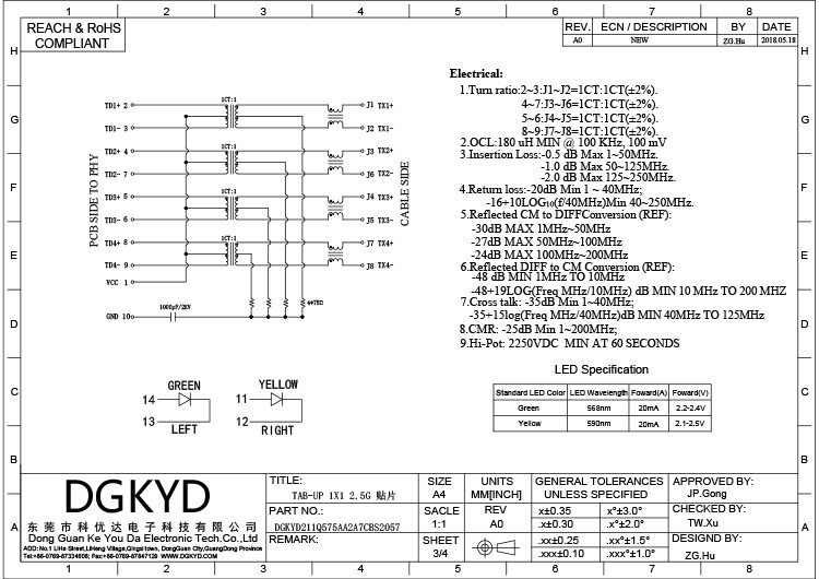 DGKYD211Q575AA2A7CBS2057 RJ45 Gigabit Integrated Filter Sink SMT 2.5G Connector Network Connector 6U LCP