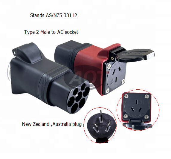 BLACK AOTAI Type2 to AC 220V 7KW Adaptor for Type2 Charger Station Type2 to AU Type I socket charging Discharger