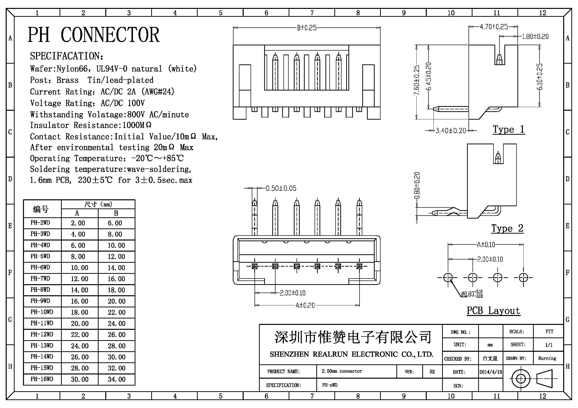 2.0 Mm Pitch Right Angle Header Connector Female PA6T Insulator Material