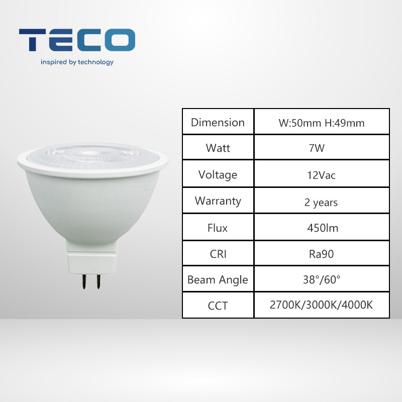Triac Dimming 7W GU5.3 MR16 LED Light Bulb 2700K RA90 36 Degree Beam Angle