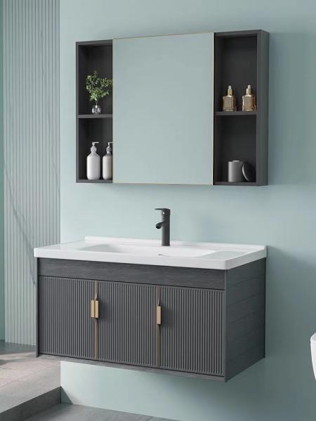 Grey Black Ceramic Wash Basin Cabinet Set Aluminium Mirrored Bathroom Cabinet