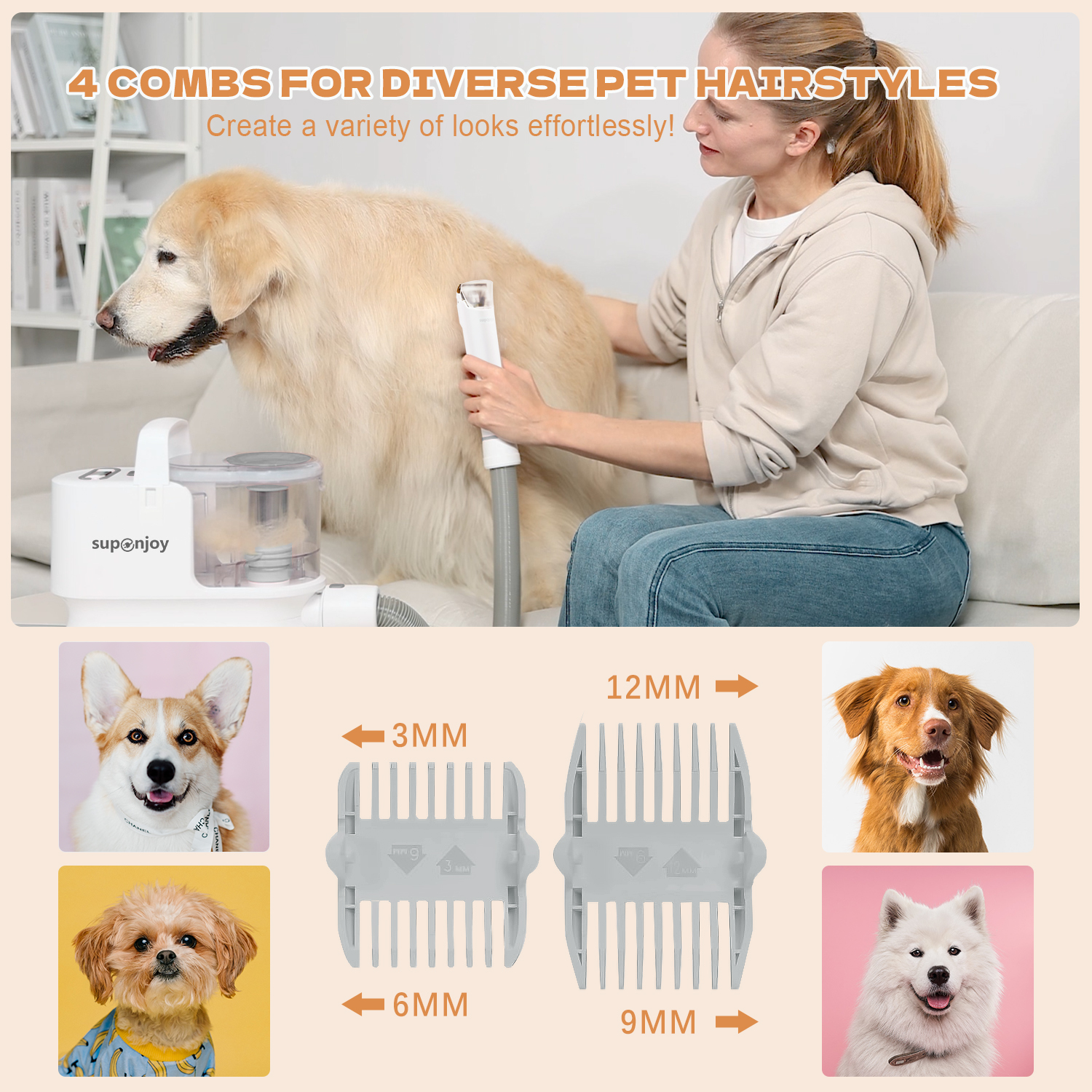 CHARGE Pet Hair Brush Grooming Vacuum Tool 300W Power Source for Smooth Grooming