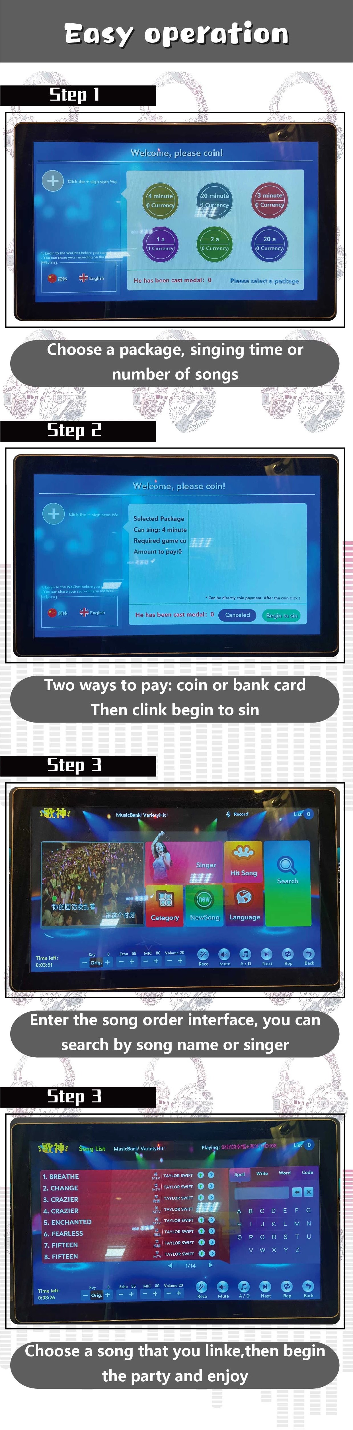 Tempered Glass + Hardware Coin Operated Music Machine / Jukebox Karaoke Machine