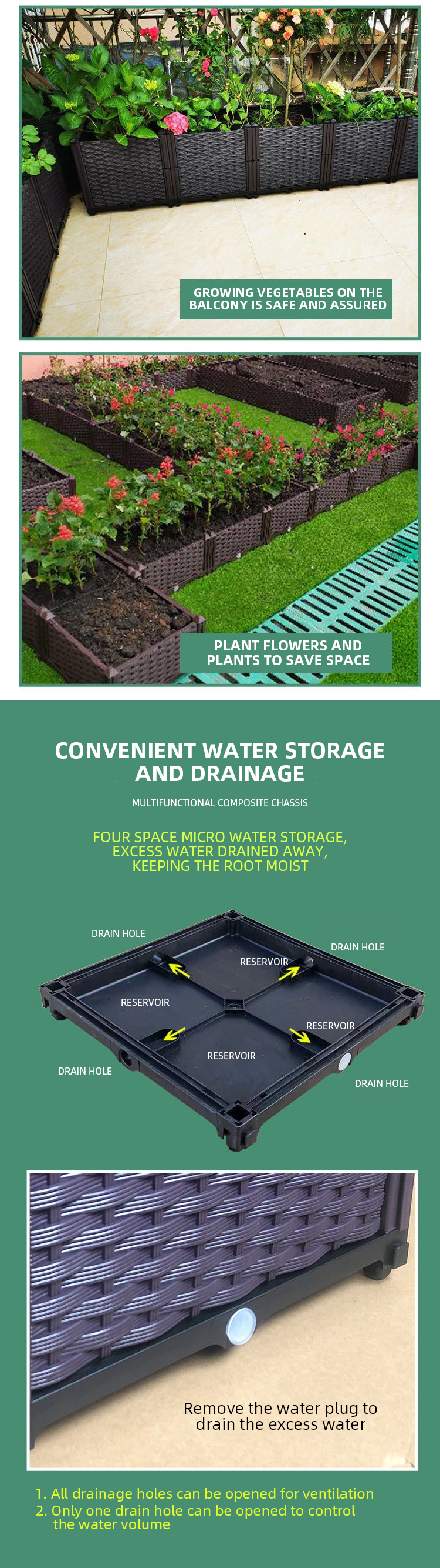 Frost Resistance Drainable Plastic Vegetable Growing Boxes Plastic Rectangle Planter Box