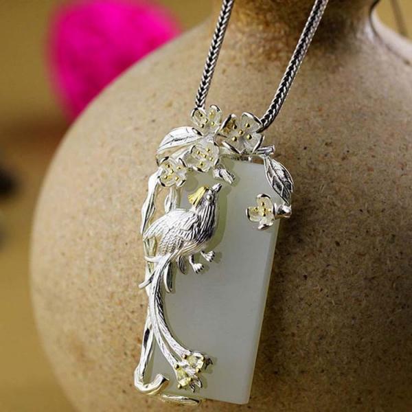 Quality 925 Sterling Silver Sculptured Flower Bird Natural Jade Pendant Necklace (DZ011049) for sale