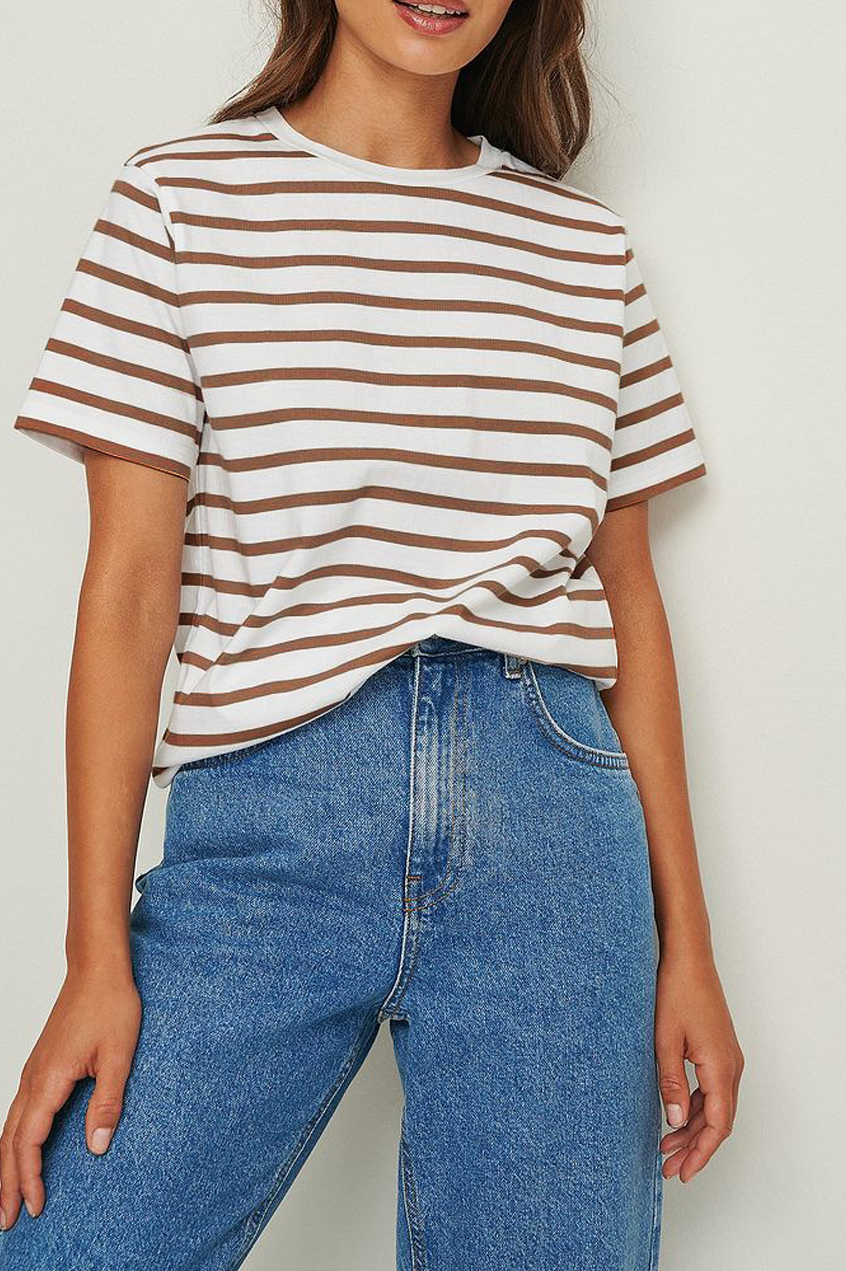 Unisex Striped Short Sleeve Round Neck T-Shirt Woven Technique Plain Dyed Women's Clothing