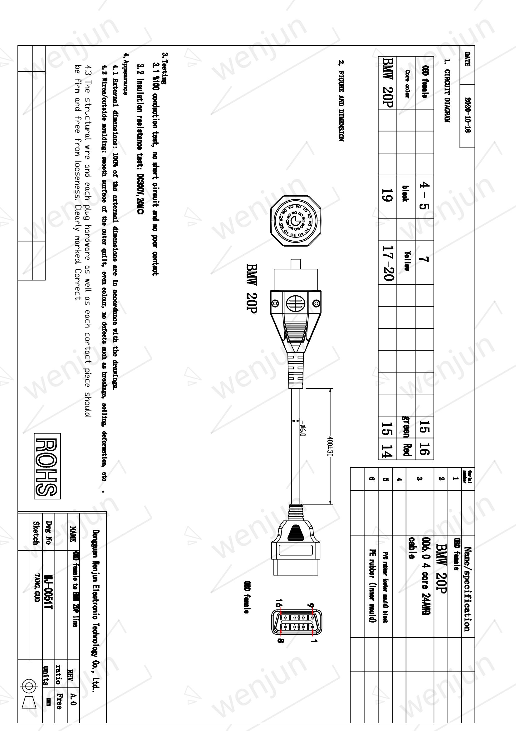 Black 20 Pin OBD Port Cable , Practical Diagnostic Connector Cable