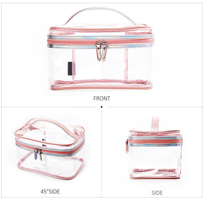Double Zipper Makeup Bag Transparent PVC Travel Wash Bag Pink with Handle