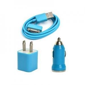 China USB AC Wall Charger and Car Charger+Data Cable for Apple iPod Touch or iPhone4 4S 4G Blue on sale
