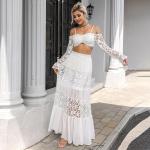 Balloon Sleeves Ladies Lace Dresses Lace Trim Midi Dress OEM Service