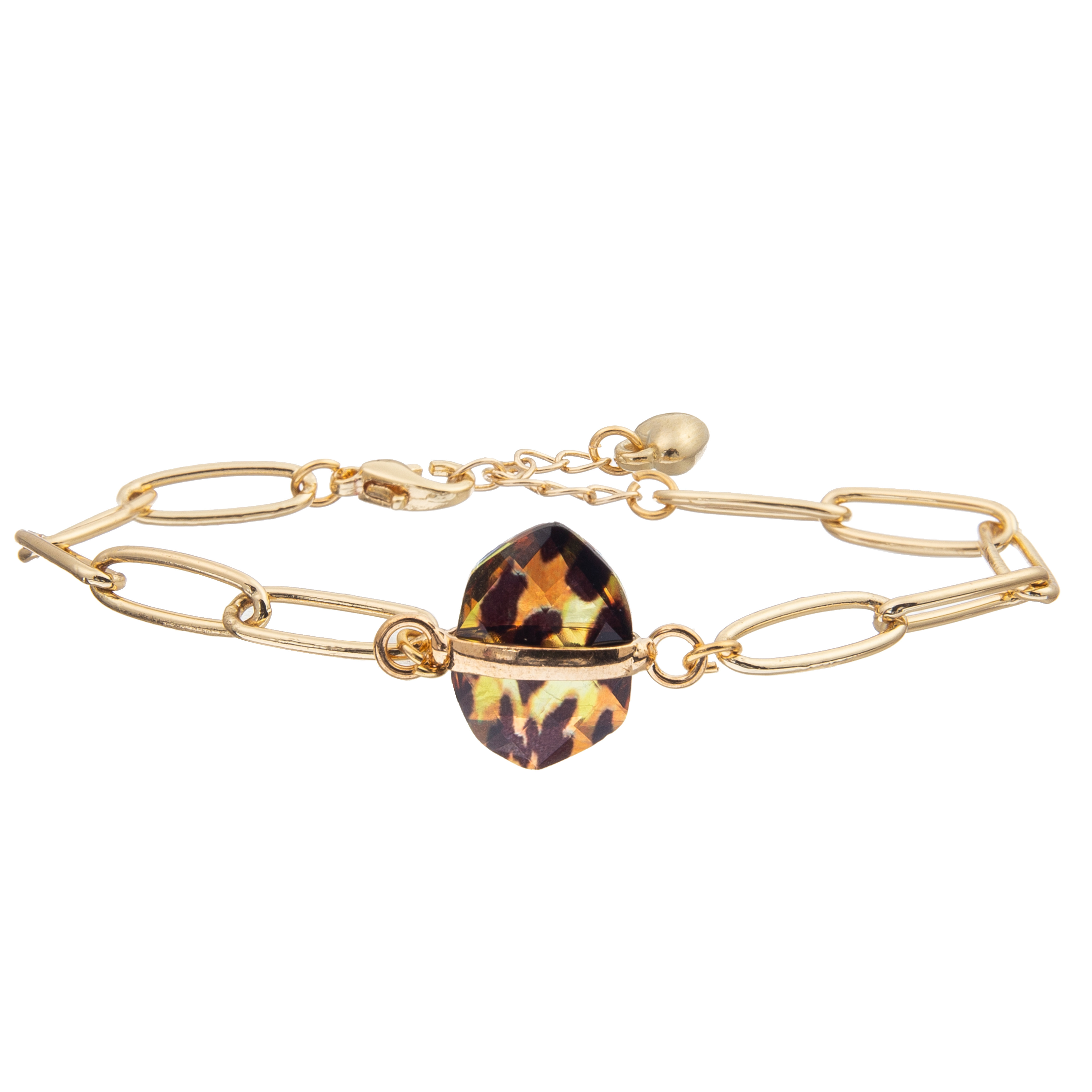 PaperClip Chain Link Bangle Bracelet Set With Gold Plated Faceted Turquoise