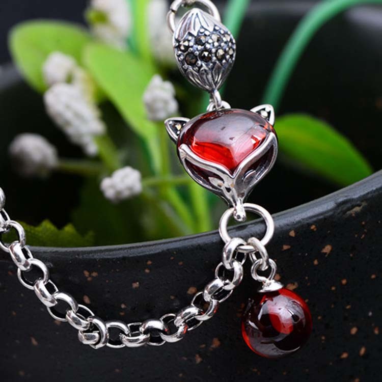 925 Sterling Silver Synthetic Garnet Fox Charm Link Bracelets(B20180411084)
