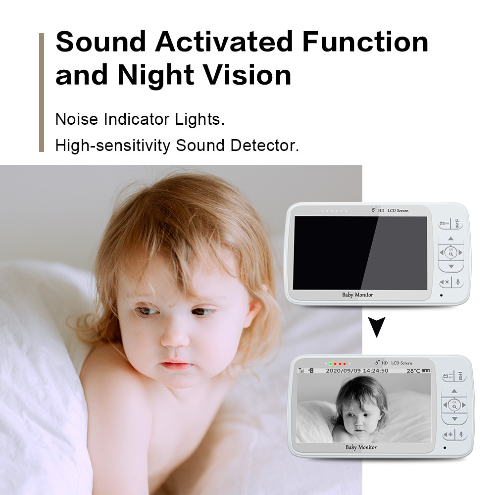 Voice Control Wireless Baby Monitor Two Way Speaker High Resolution 5inch Display